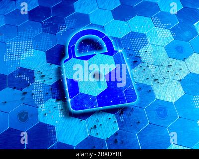 Cybersécurité, protection des données numériques, confidentialité des concepts de technologie Internet d'affaires en ligne. Grande icône de verrouillage sur fond de réseau hexagonal avec bouclier Banque D'Images
