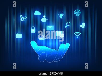 Main tenant une icône avec des lignes lumineuses fascinantes, il représente la technologie qui atteint les gens partout dans le monde. pour provoquer l'échange de communication inf Illustration de Vecteur