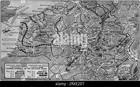 Une carte illustrant l'avancée allemande de la Wermacht à travers la Hollande, la Belgique et la France du 10 mai au 1 juin 1940. Les alliés sont pris par surprise et se replient sur Dunkerque avant leur évacuation éventuelle. Banque D'Images