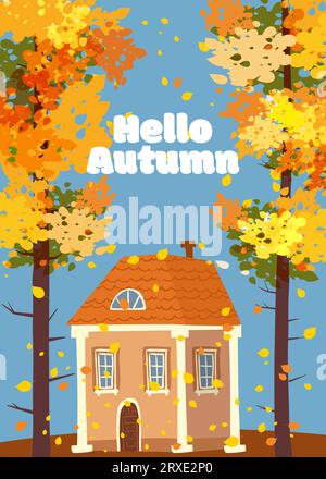Bonjour Paysage d'automne, femme en manteau d'automne promenant le chien, affiche de la maison Illustration de Vecteur