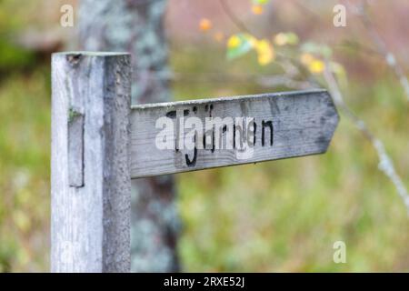 Vieux panneau en bois pointant vers un étang Banque D'Images