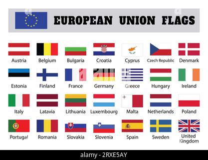 Grands drapeaux de l'Union européenne, vingt-huit, 28 pays membres de l'UE, Union politique et économique en 2017, marché unique et libre circulation. Vecteur plat Banque D'Images