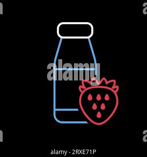 Bouteille de yaourt buvable avec vecteur de fraise de saveur sur l'icône de fond noir. Enseigne de produits laitiers. Symbole graphique pour la conception de sites Web et d'applications de cuisine Illustration de Vecteur