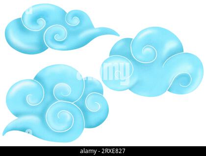 Ensemble de nuage chinois. élément bleu caricatural avec des accents blancs. Pour des designs avec une touche orientale, un sens de la chaleur et de la tradition. pour le web Banque D'Images