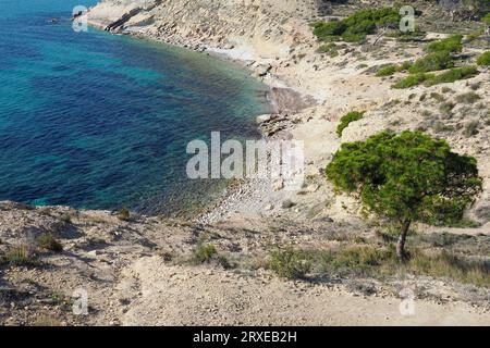 Cala de Mallaeta, une petite crique rocheuse aux eaux bleues transparentes près de Villajoyosa, en Espagne. Banque D'Images
