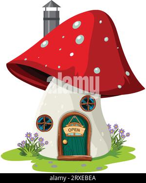 Une illustration fantaisiste de dessin animé d'une maison de champignon avec un signe ouvert à la porte Illustration de Vecteur