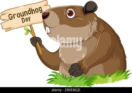 Un dessin animé mignon de marmotte tenant une bannière Groundhog Day Illustration de Vecteur