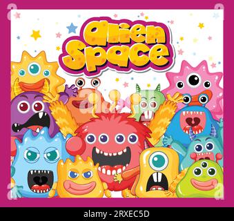 Un groupe d'adorables monstres extraterrestres de différentes couleurs Illustration de Vecteur
