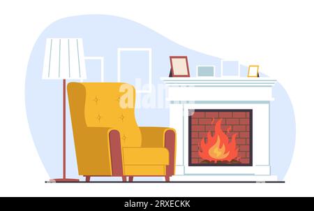 Chambre design confortable avec cheminée, fauteuil et lampadaire. Appartement avec mobilier. Photos vides. Intérieur du salon. Conception confortable de l'espace intérieur Illustration de Vecteur