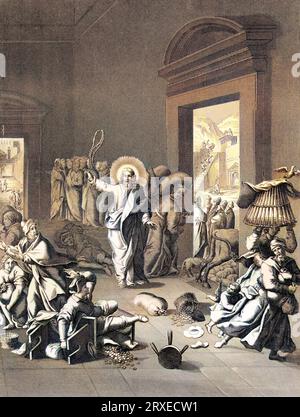 Jésus purifie le temple et expulse les marchands. Illustration colorée pour la vie de notre Seigneur Jésus Christ écrite par les quatre évangélistes, 1853 Banque D'Images