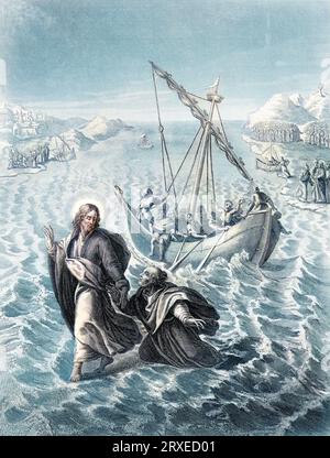 Jésus marche sur l'eau à travers la mer de Galilée. Illustration colorée pour la vie de notre Seigneur Jésus Christ écrite par les quatre évangélistes, 1853 Banque D'Images