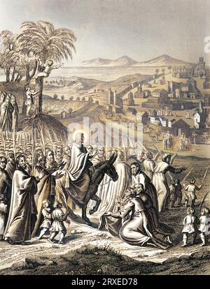 Entrée triomphale de Jésus à Jérusalem. Illustration colorée pour la vie de notre Seigneur Jésus Christ écrite par les quatre évangélistes, 1853 Banque D'Images