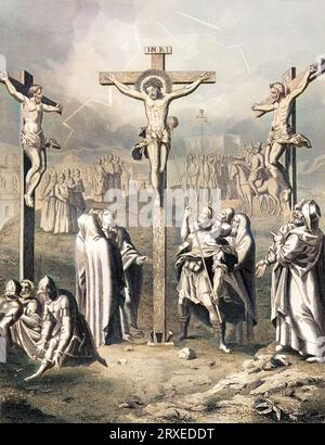 Un soldat romain donna du vinaigre à Jésus à boire sur la croix. Illustration colorée pour la vie de notre Seigneur Jésus Christ écrite par les quatre évangélistes, 1853 Banque D'Images