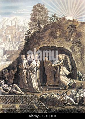 Les saintes femmes visitent le tombeau de Jésus. Illustration colorée pour la vie de notre Seigneur Jésus Christ écrite par les quatre évangélistes, 1853 Banque D'Images