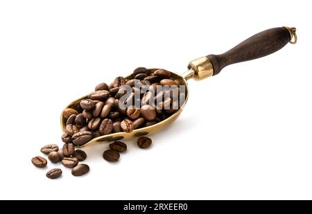 Cuillère de grains de café sur fond blanc. Grains de café en cuillère isolés. Banque D'Images
