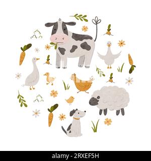 Animaux de ferme mignons vache, agneau, poussin, chien, vache, mouton, poulet et oie. Ensemble d'enfants d'animaux domestiques dans l'illustration dessinée à la main de composition ronde. Rural Banque D'Images