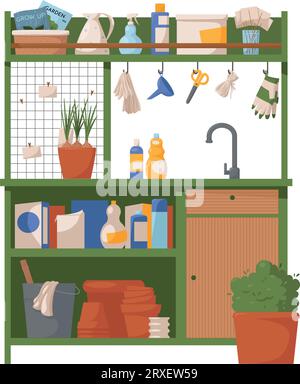 table de jardinage avec étagères, évier et outils Illustration de Vecteur