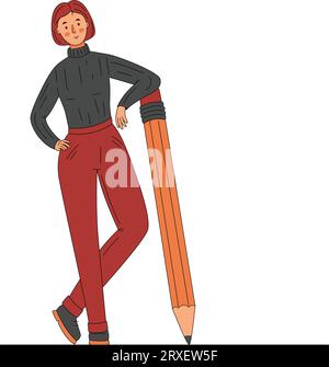 La femme étudiante se tient debout et tient un grand crayon Flat Illustration de Vecteur