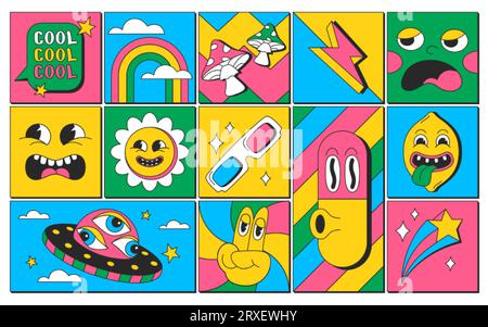 Stickers carrés avec des personnages tendance et des éléments surréalistes rétro. Ensemble groovy de dessins animés psychédéliques de visages comiques et de symboles hippy dans le design contemporain. Illustration vectorielle de fleur, ovni, arc-en-ciel. Illustration de Vecteur