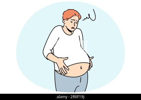 L'homme souffrant de malaise souffre d'indigestion. Un homme malsain lutte avec la flatulence de l'estomac. Soins de santé et problèmes intestinaux. Illustration vectorielle. Illustration de Vecteur