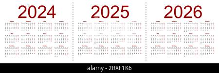 Grille de calendrier pour 2024, 2025 et 2026 ans. Modèle horizontal simple en langue russe. La semaine commence à partir du lundi. Illustration vectorielle isolée sur Illustration de Vecteur