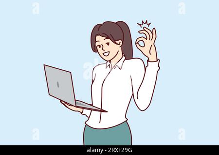 Femme PDG de l'entreprise se tient avec l'ordinateur portable dans les mains et montre le geste OK, donnant le consentement au plan proposé par les employés. Femme d'affaires effectue des fonctions de directeur général et regarde l'écran souriant Illustration de Vecteur