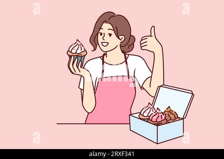 Femme chef pâtissier tenant cupcake et montrant le pouce vers le haut, debout près de boîte de muffins ou desserts. Cupcake Buttercream dans les mains de fille qui travaille dans la boulangerie et invite les visiteurs à essayer des gâteaux sucrés. Illustration de Vecteur