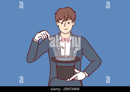 Man magicien tient chapeau et baguette magique, se perfectionnant devant le public du spectacle de magie. Guy en magicien de smoking ou illusionniste démontrant des tours étonnants et se préparant à sortir le lapin du cylindre Illustration de Vecteur