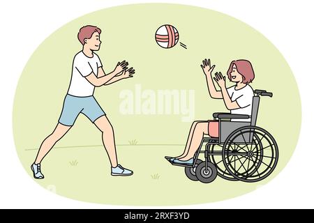 Joyeux garçon jouant au ballon avec une fille handicapée assise dans une chaise roulante. Les enfants souriants s'amusent à l'extérieur. Incapacité et déficience. Illustration vectorielle. Illustration de Vecteur