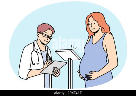 Médecin vérifiant la femme enceinte à l'hôpital. GP mâle peser la femme enceinte à un rendez-vous en clinique. Santé et médecine. Illustration vectorielle. Illustration de Vecteur