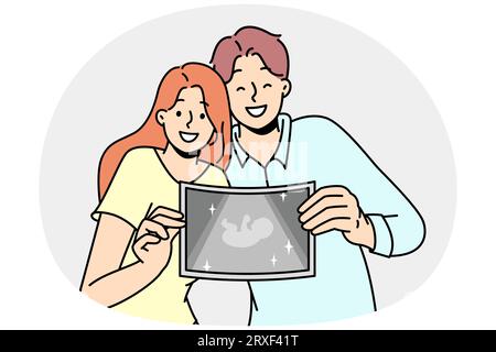 Couple heureux montrant la photo de l'embryon. Un homme et une femme souriants démontrent l'échographie d'un bébé excité par la grossesse et la parentalité. Illustration vectorielle. Illustration de Vecteur