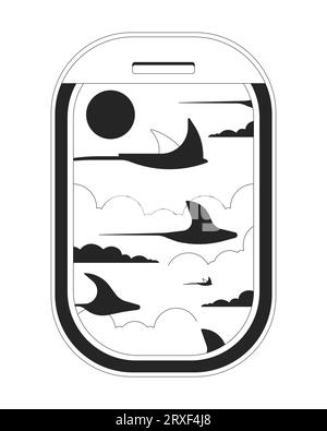 Fenêtre d'avion avec le poisson de rayon volant dans le ciel noir et blanc objet de dessin animé de ligne 2D Illustration de Vecteur