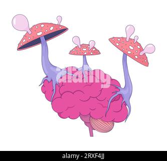 Champignons parasites hallucinogènes poussant sur cerveau concept d'illustration linéaire 2D. Illustration de Vecteur