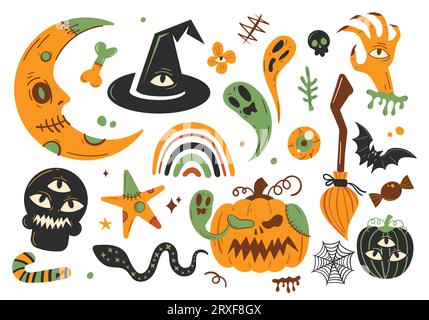 Ensemble de citations de lettrage Halloween avec citrouilles, chapeau de sorcière, toile d'araignée et chauves-souris. Illustration vectorielle Illustration de Vecteur