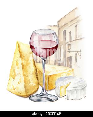 composition alimentaire à l'aquarelle avec du vin rouge, et fromages italiens et français, brie, camembert et parmesan sur fond de rue ancienne, illus Banque D'Images