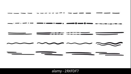 Swoosh et Swoops soulignent la typographie des queues en pointillés. Frottis épais et incurvés dessinés à la brosse. Collection dessinée à la main de swisches bouclés, swashs, Squiggle Illustration de Vecteur