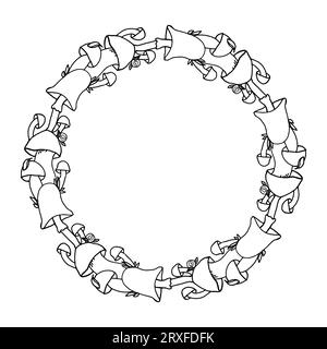 Couronne de cercle d'automne de champignon avec des champignons noirs et blancs pour la conception textile ou papier peint, scrapbook. Arrière-plan vectoriel avec élément dessiné à la main Illustration de Vecteur