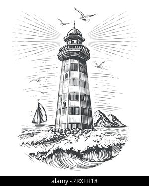 Vieux phare vintage et vagues de la mer. Illustration vectorielle de style gravure Seascape de balise Illustration de Vecteur