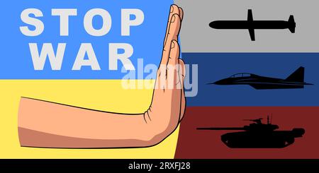 Arrêtez la guerre en Ukraine. Main poussant des équipements militaires. Illustration d'affiche vectorielle imprimable. Illustration de Vecteur