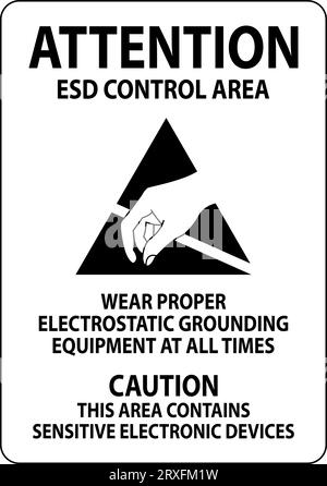 Panneau zone de contrôle des décharges électrostatiques attention - porter un équipement de mise à la terre électrostatique approprié en tout temps. Attention cette zone contient des appareils électroniques sensibles Illustration de Vecteur