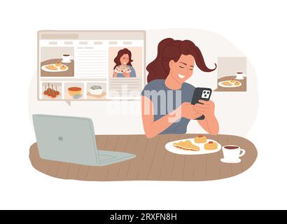 Illustration vectorielle de concept isolée de blogs alimentaires. Avis de chasseur de nourriture, photos appétissantes, médias sociaux, attirer des followers, article de blog, cuisine en ligne, streaming, concept de vecteur de nourriture de rue. Illustration de Vecteur