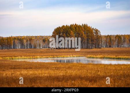 GREATER KHINGAN, CHINE - 24 SEPTEMBRE 2023 - le paysage de la zone humide internationale du fleuve Nanweng dans la région du Grand Khinganling au Heilongjiang Banque D'Images