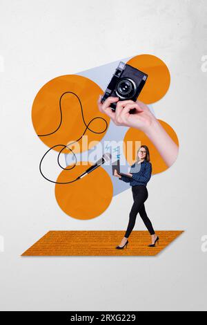 Croquis collage 3d de journaliste travailleur professionnel interviewant célèbre star flux en direct isolé sur fond peint Banque D'Images