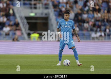 Le défenseur uruguayen du SSC Napoli Mathias Olivera contrôle le ballon lors du match de football Serie A entre le FC Bologne 1909 et le SSC Napoli au Stadio Renato Dall Ara Bologne, le 24 septembre 2023. Banque D'Images