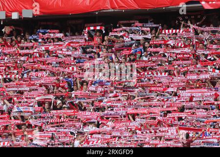 MUNICH, Allemagne - 23. Septembre 2023 : fans et supporters de FcBAYERN. Spectateurs, lors du match de Bundesliga entre le FC Bayern Muenchen et le VfL BOCHUM à l'Allianz Arena de Munich le 23. Septembre 2023 , Allemagne. DFL, Fussball, 0:7, (photo et copyright @ ATP images / Arthur THILL (THILL Arthur / ATP / SPP) Banque D'Images