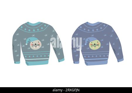 ensemble de pulls mignons tricotés laid avec morse Illustration de Vecteur