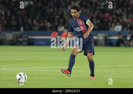 Marquinhos du PSG lors du match de championnat de France de Ligue 1 entre le Paris Saint-Germain et l'Olympique de Marseille le 24 septembre 2023 au Parc des Princes à Paris Banque D'Images