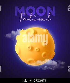 Modèle de bannière de festival de lune avec des nuages et un effet brillant. Concept de festival asiatique mi-automne. icône de lune rendue 3d isolée sur fond. illustration vectorielle 3d. Illustration vectorielle Illustration de Vecteur