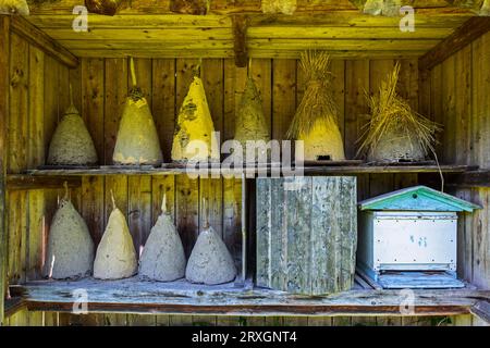Vieux skeps d'apiculteur en osier enduit de boue au musée de la vie rurale wallonne à Saint-Hubert, Luxembourg, Ardennes belges, Belgique Banque D'Images