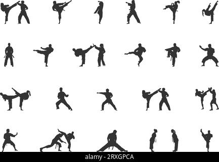 Silhouettes de karaté, Silhouette d'arts martiaux, Silhouette de fille de karaté, SVG de karaté, Kick boxing, karaté Clipart, icône karaté. Illustration de Vecteur